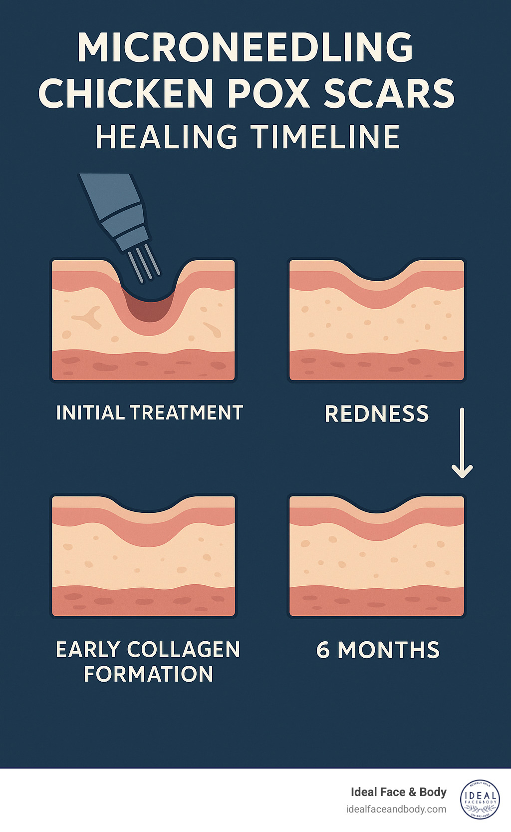 Microneedling chicken pox scars healing timeline showing the progression from initial treatment through redness, early collagen formation, and final results at 6 months, with visual depiction of scar depth reduction - microneedling chicken pox scars before and after infographic 