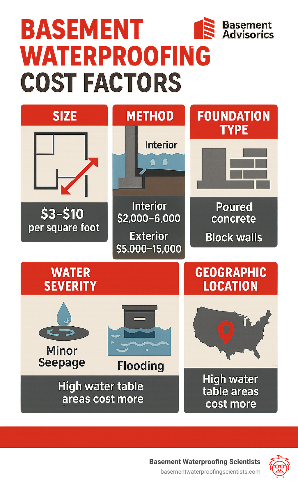 Detailed breakdown of basement waterproofing cost factors showing size, method, foundation type, water severity and geographic location with approximate price ranges - what is the average cost of basement waterproofing infographic 