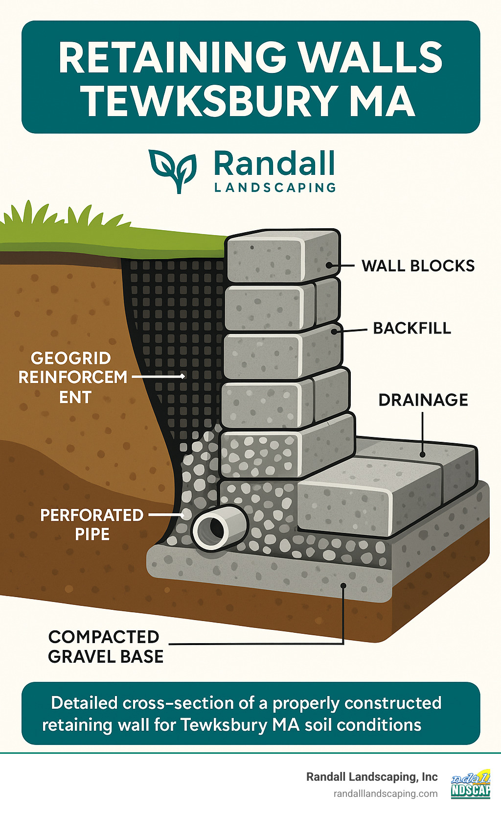 Detailed cross-section of a properly constructed retaining wall showing drainage layers, backfill material, geogrid reinforcement, base preparation, and proper wall block installation techniques for Tewksbury MA soil conditions - Retaining walls Tewksbury MA infographic 