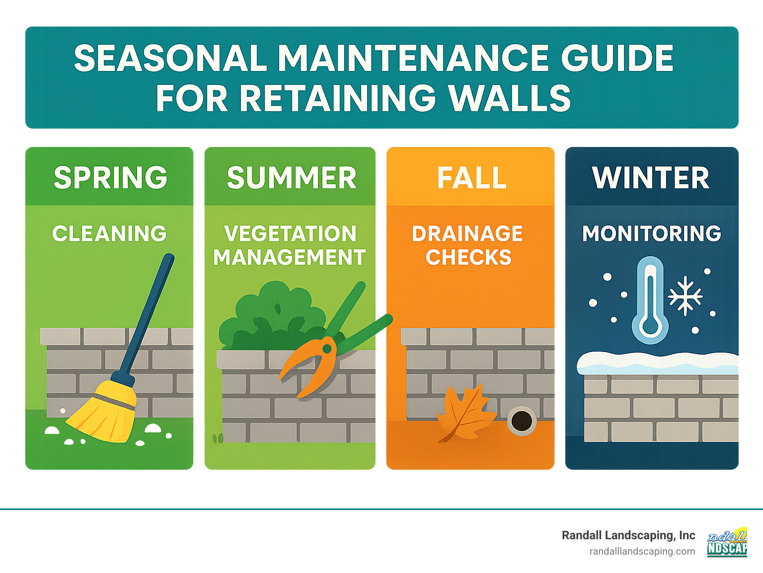 Seasonal maintenance guide for retaining walls showing spring cleaning, summer vegetation management, fall drainage checks, and winter monitoring - Retaining walls Tewksbury MA infographic 