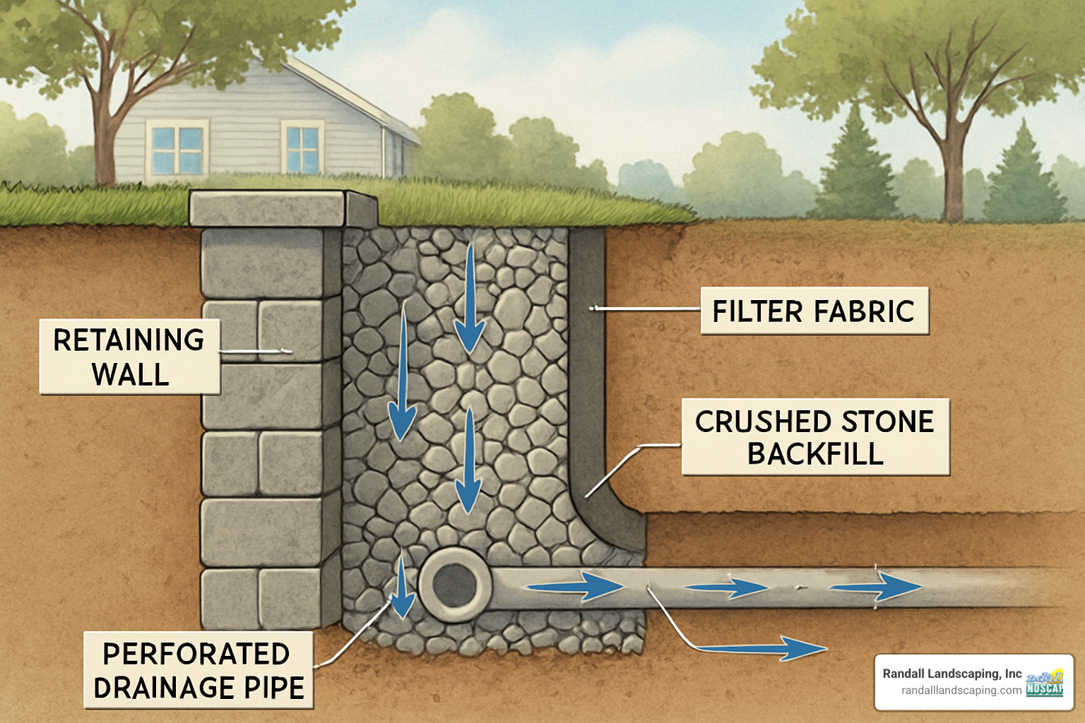 drainage system cross-section for retaining walls - Retaining walls Tewksbury MA