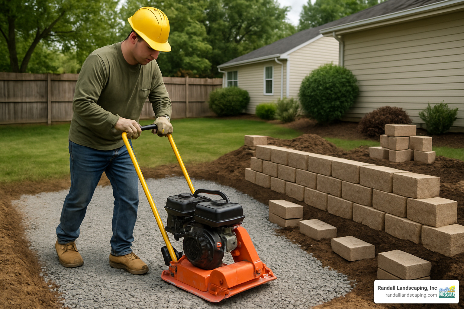 plate compactor being used on retaining wall base - Retaining walls Tewksbury MA