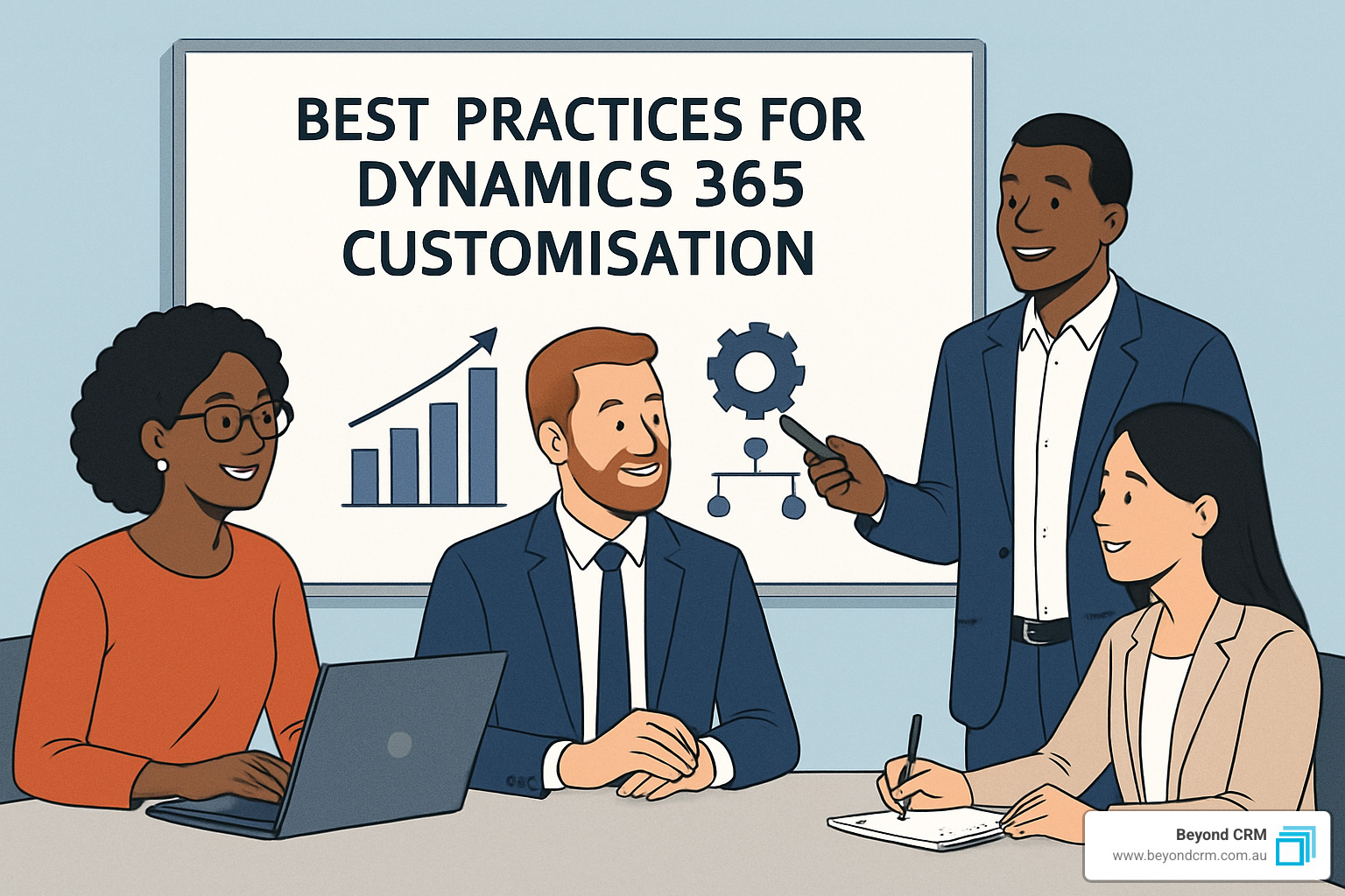adjust image to use Australian spelling. Office meeting with Best Practices for Dynamics 365 Customisation on the board. use illustrations - dynamics 365 customisation