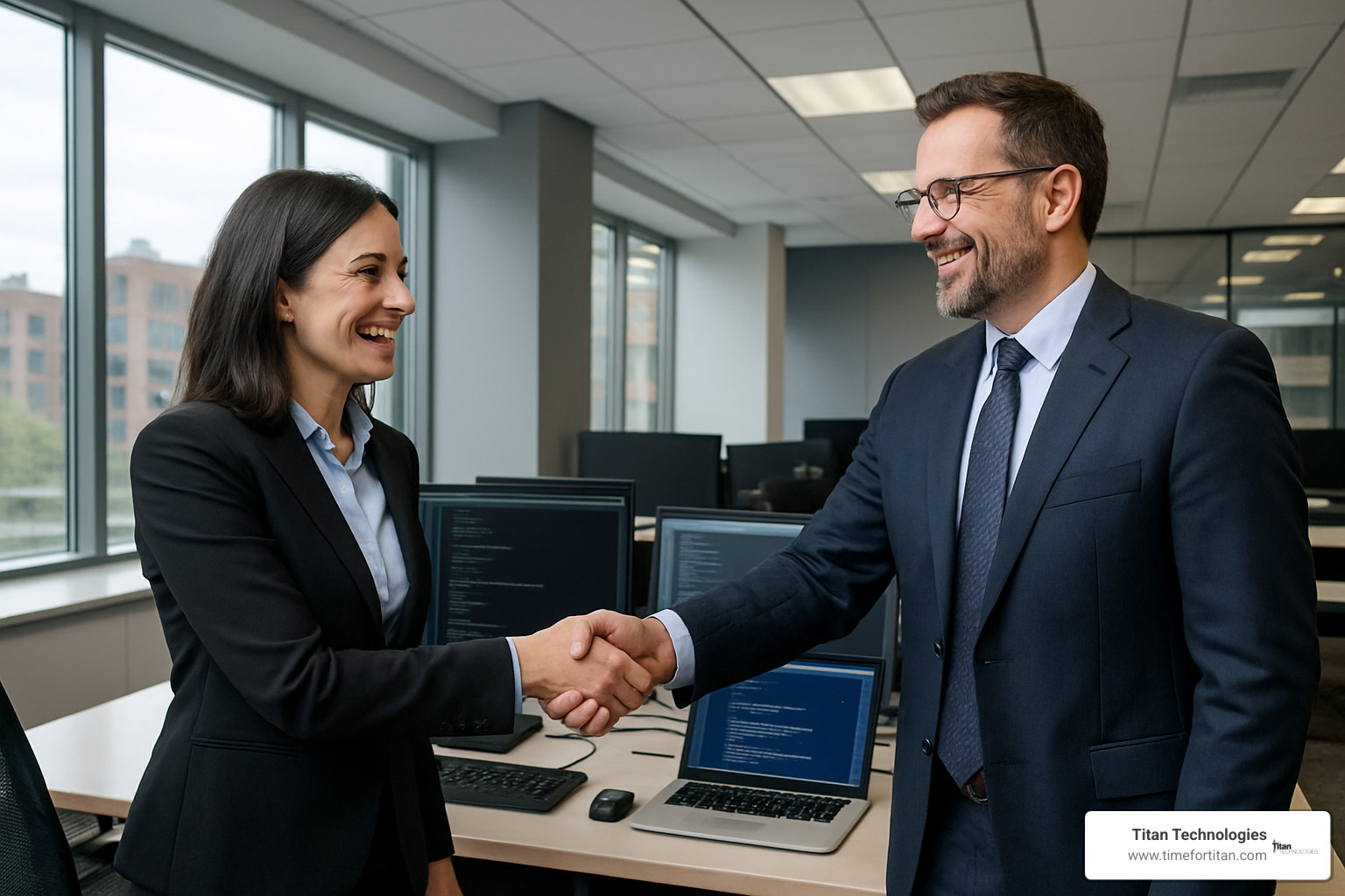 Business professionals shaking hands after successful IT project - new jersey it consultants
