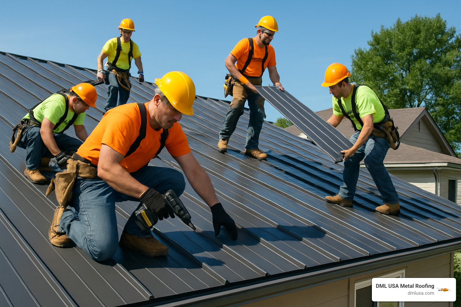 Illinois metal roofing crew installing Colorbond panels - DML USA Metal Roofing