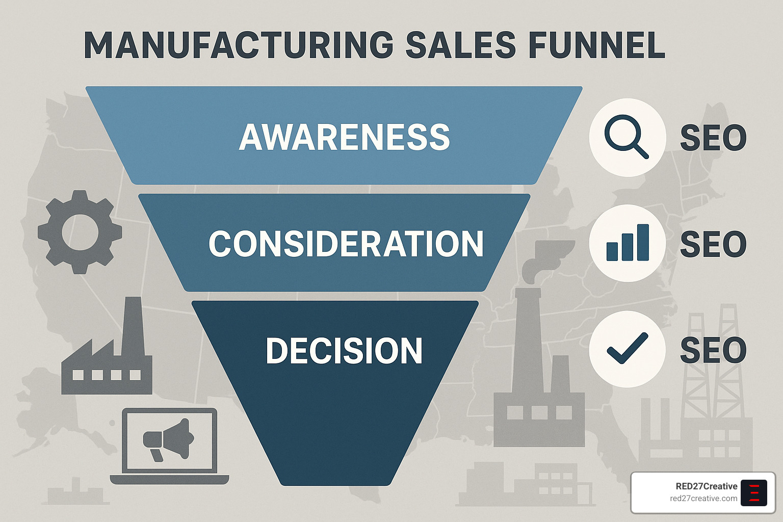 SEO Agencies That Manufacture Results for Industrial Businesses • manufacturing seo companies • RED27Creative manufacturing sales funnel with SEO touchpoints - manufacturing seo companies