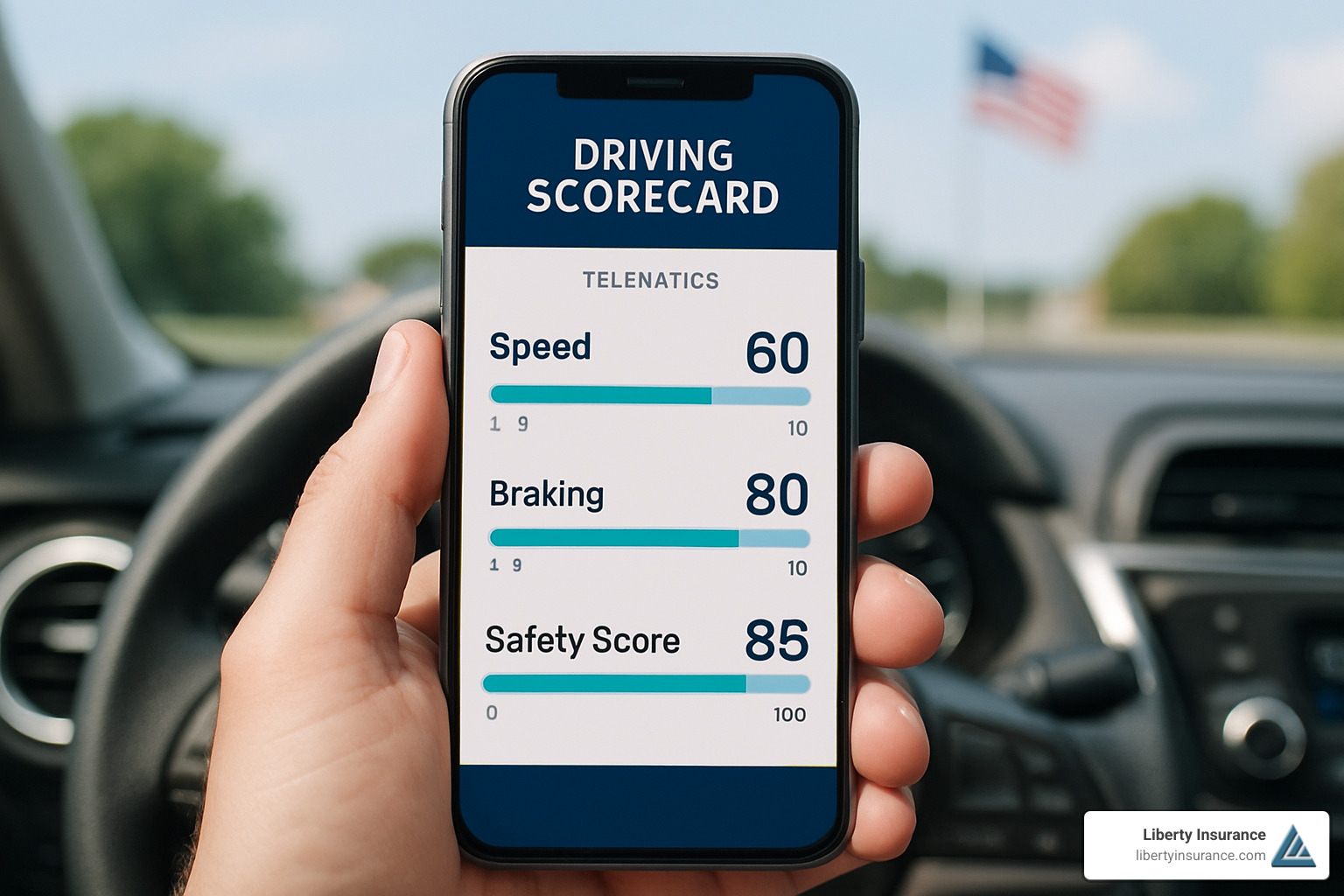Smartphone displaying a telematics driving scorecard app - auto insurance companies