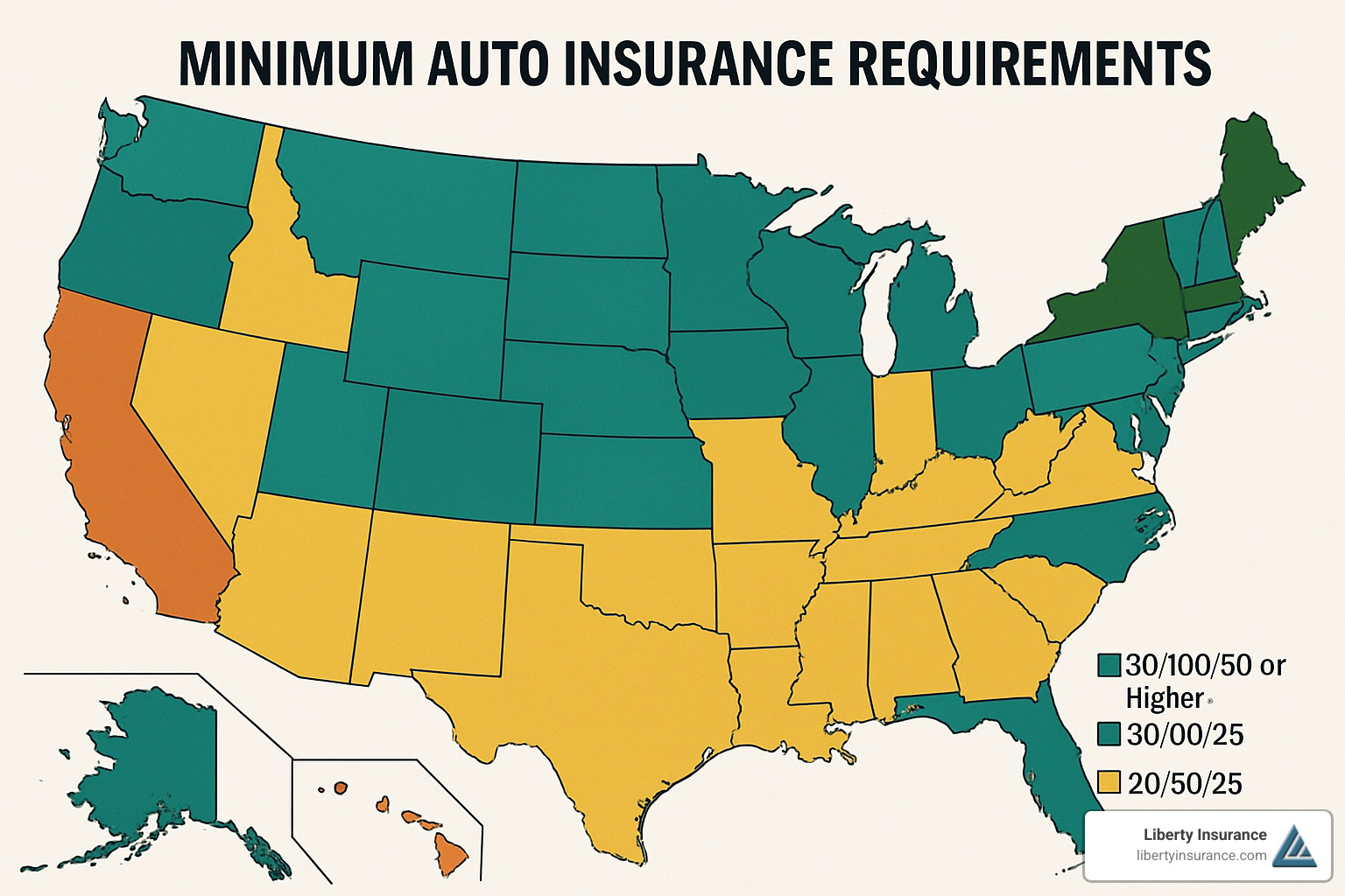 US map highlighting minimum auto insurance requirements by state - auto insurance companies