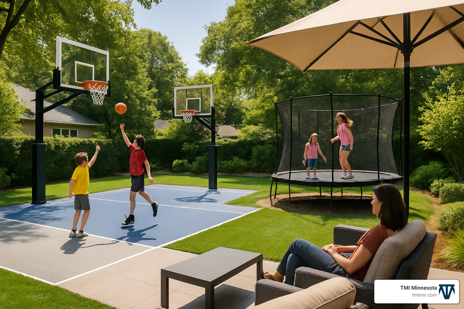 1369ee872d775a4018c1c8c076ce8d500b11fee0 Transform Your Yard: Top Backyard Playground Inspirations Discover creative Backyard playground ideas for any yard size. Get tips for safety, budget builds, sensory play, and family fun! multi-age backyard sports court with seating area - Backyard playground ideas