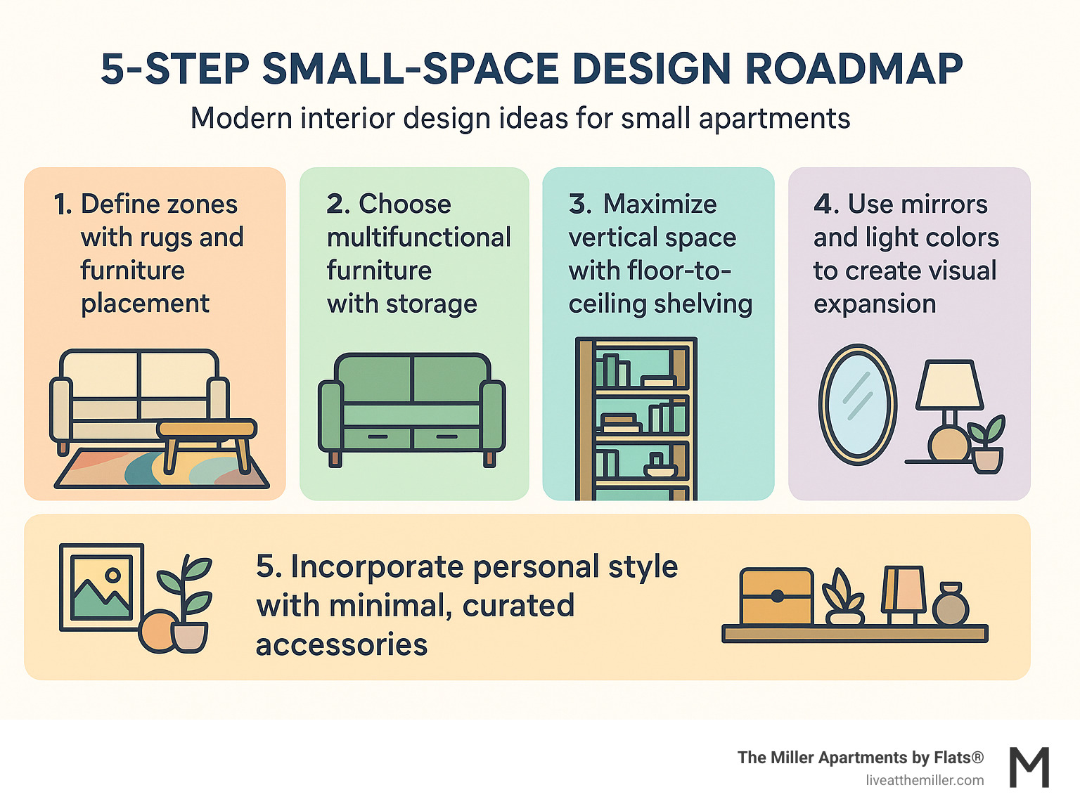5-Step Small-Space Design Roadmap showing: 1) Define zones with rugs and furniture placement, 2) Choose multifunctional furniture with storage, 3) Maximize vertical space with floor-to-ceiling shelving, 4) Use mirrors and light colors to create visual expansion, 5) Incorporate personal style with minimal, curated accessories - modern interior design ideas for small apartments infographic  5-Step Small-Space Design Roadmap showing: 1) Define zones with rugs and furniture placement, 2) Choose multifunctional furniture with storage, 3) Maximize vertical space with floor-to-ceiling shelving, 4) Use mirrors and light colors to create visual expansion, 5) Incorporate personal style with minimal, curated accessories - modern interior design ideas for small apartments infographic