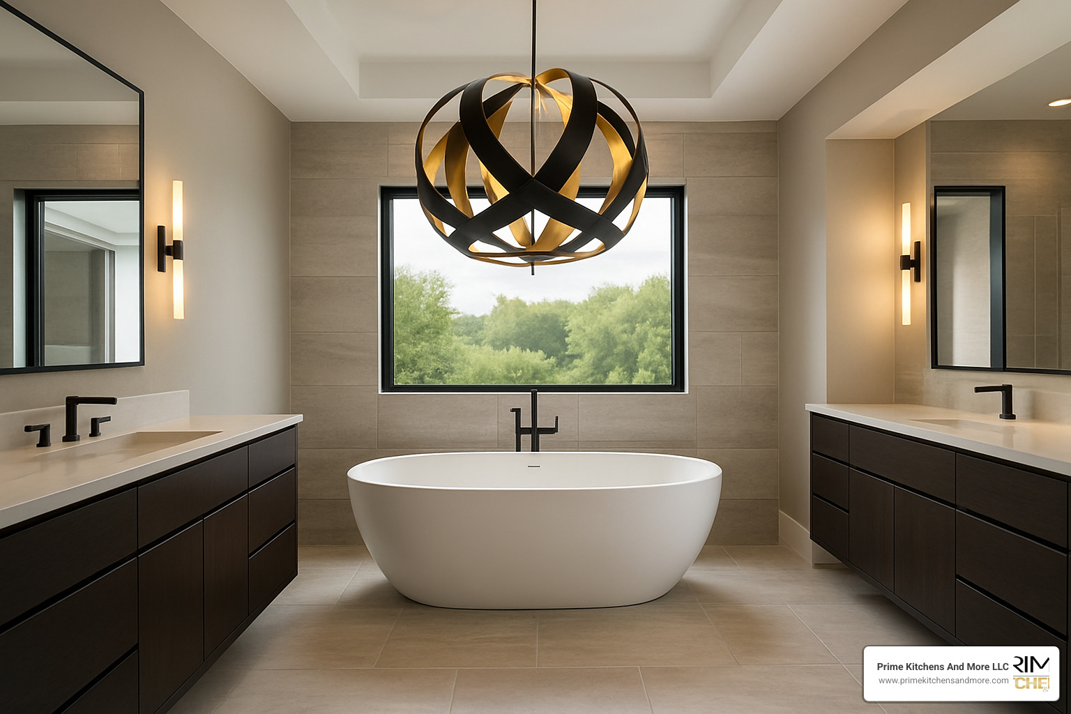 statement pendant light over freestanding tub - modern master bathroom remodel ideas