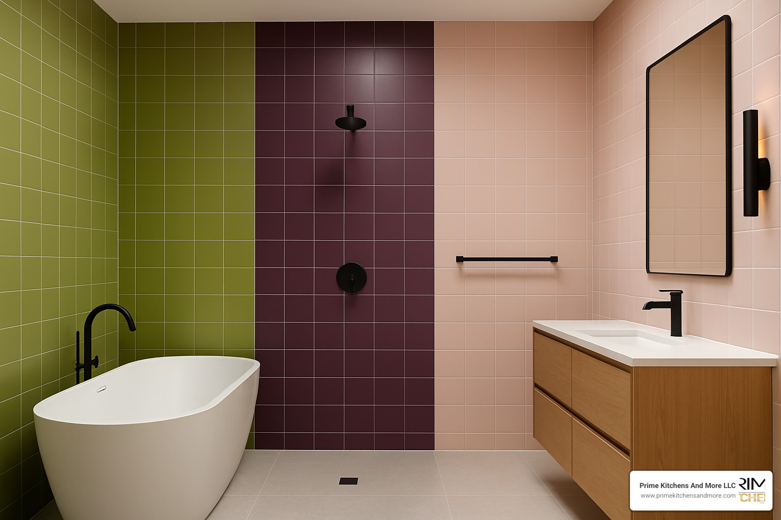 color-blocked tile in modern bathroom - modern master bathroom remodel ideas