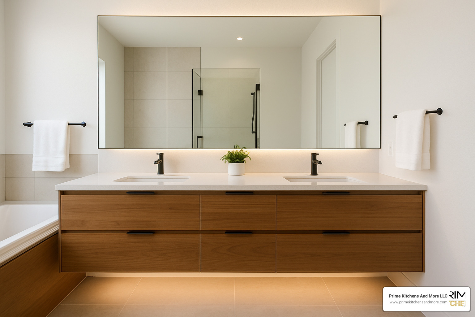 floating double vanity with integrated sinks and under-cabinet lighting - modern master bathroom remodel ideas