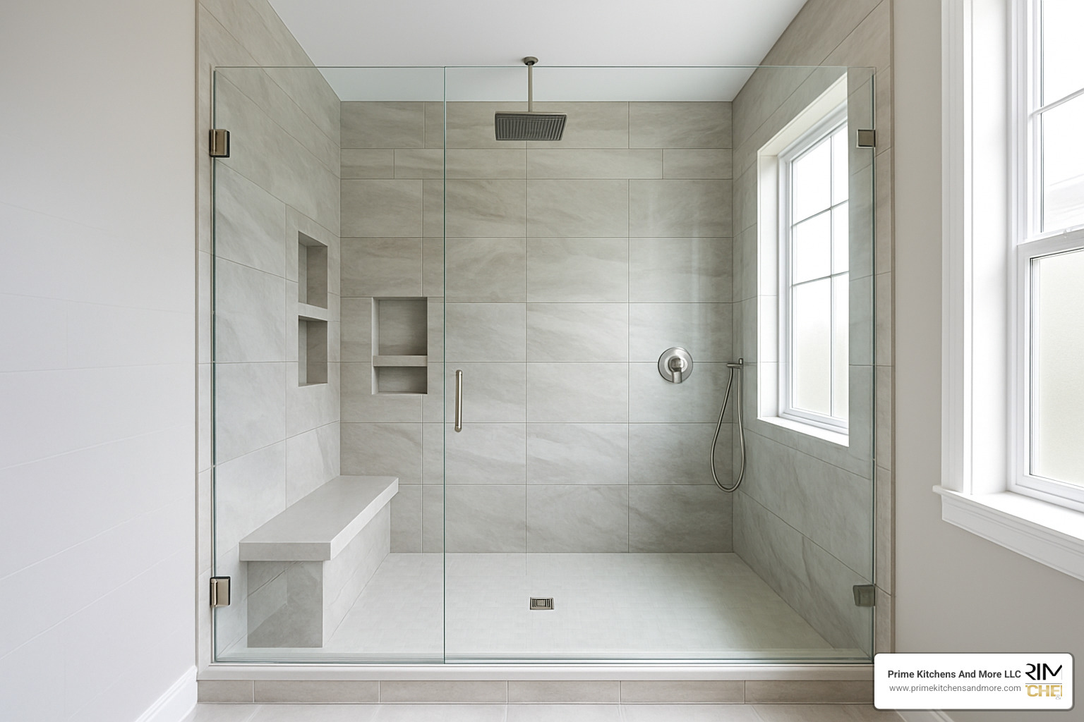 luxury walk-in shower with frameless glass and rainfall showerhead - modern master bathroom remodel ideas