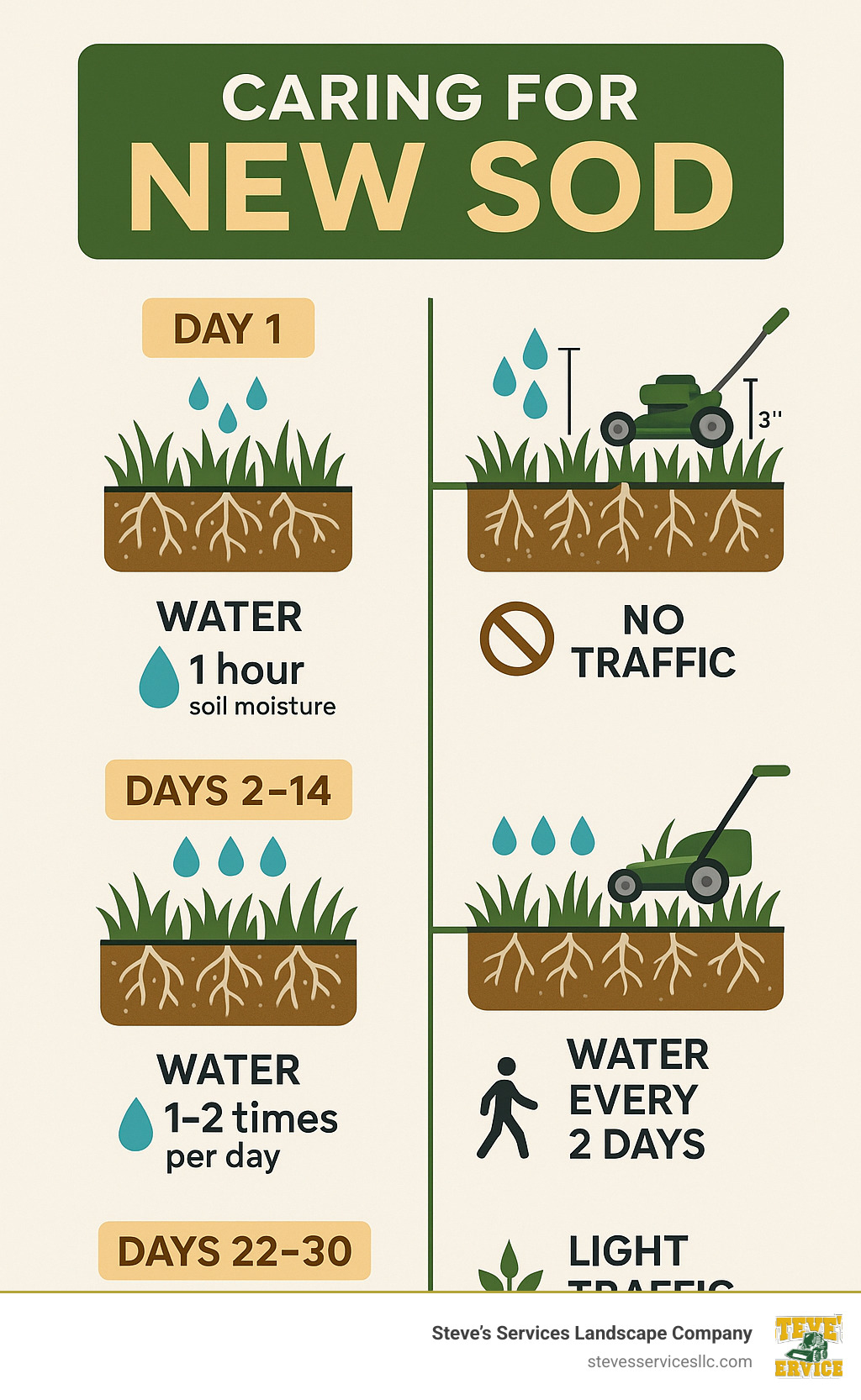 New sod care timeline showing watering frequency decreasing as root depth increases over 30 days, with clear visual guidance on moisture levels, traffic restrictions, mowing heights, and fertilization timing - Caring for new sod infographic 