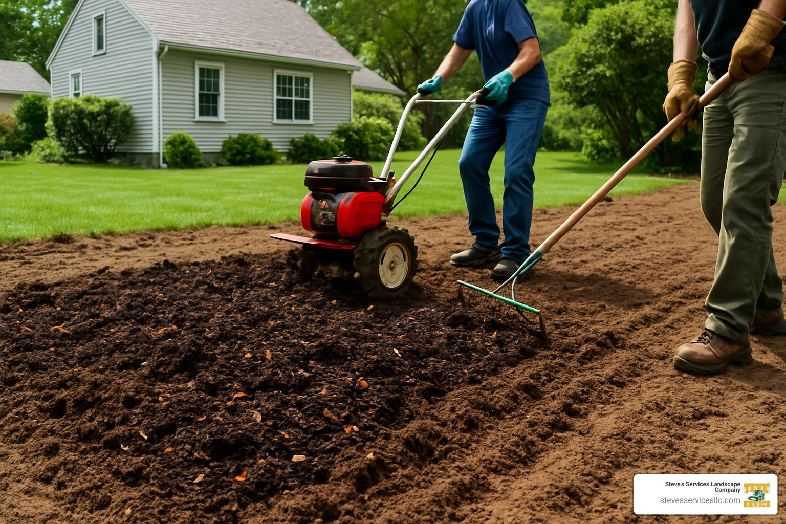 soil preparation with compost being tilled - Caring for new sod