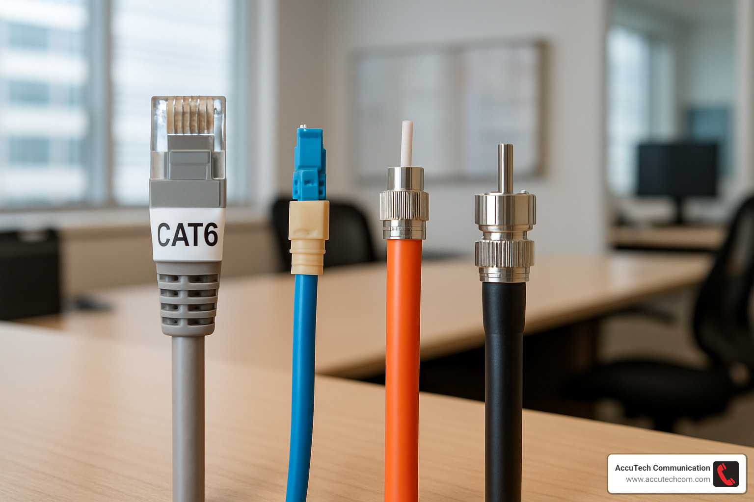 different types of network cables including cat6 fiber and coaxial - Office network setup Boston