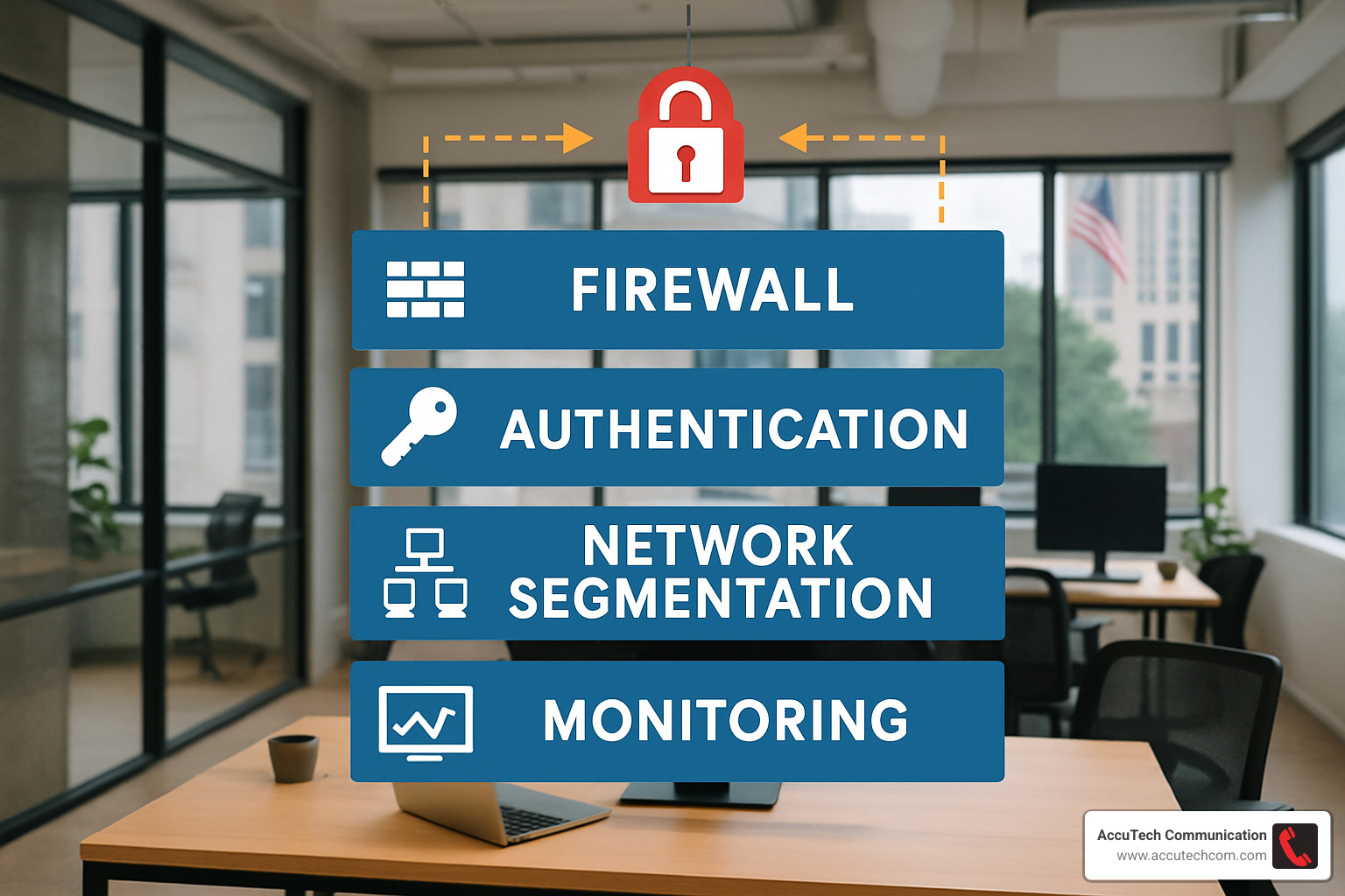 network security diagram showing layered defense approach - Office network setup Boston