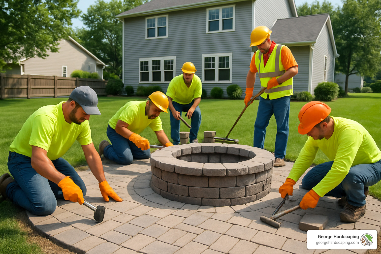 Professional crew installing pavers around a custom firepit - Firepit installation North Shore