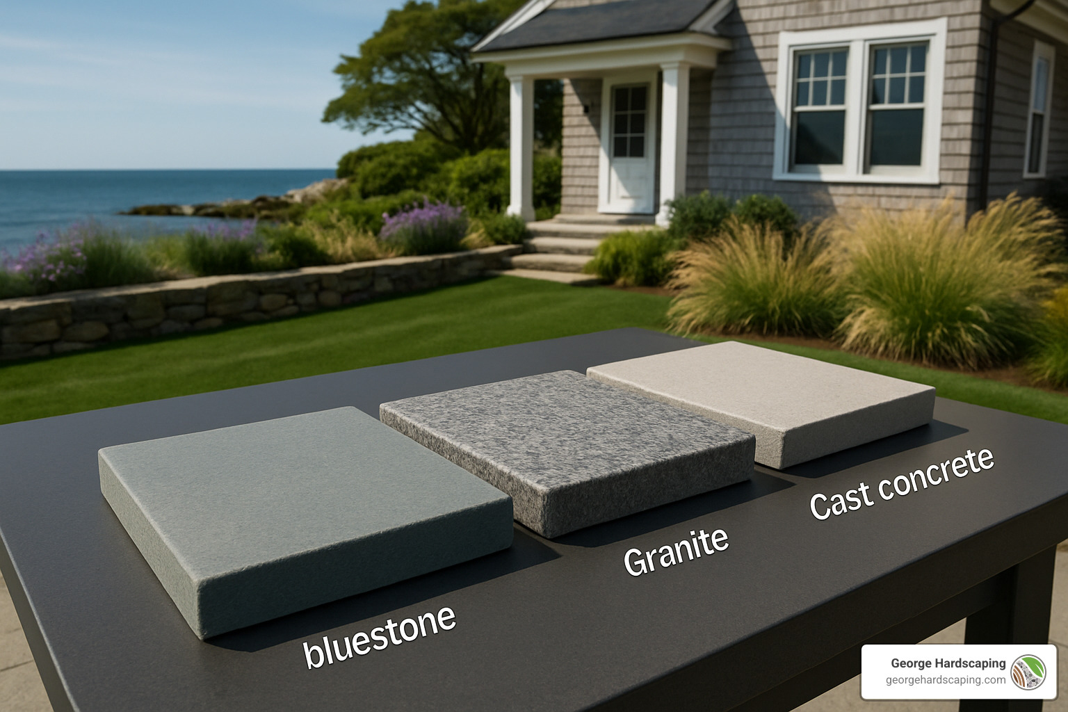 Material palette showing bluestone, granite, and cast concrete options for firepit installation - Firepit installation North Shore
