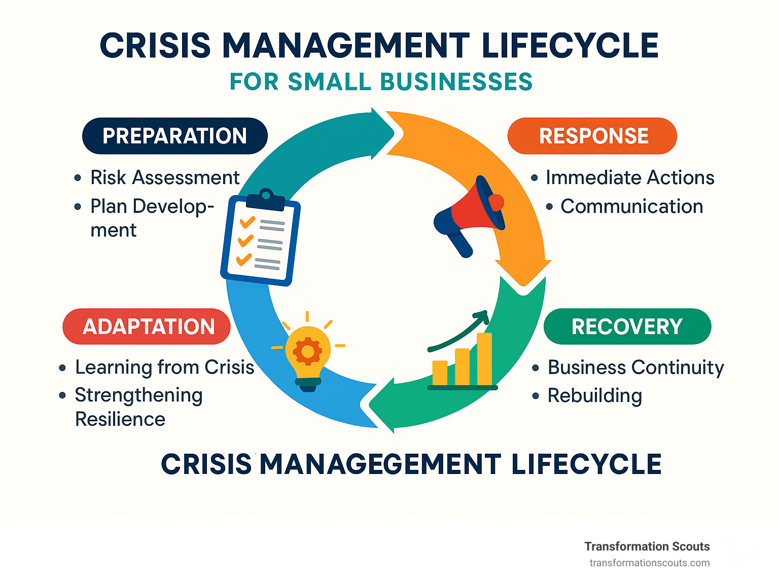Crisis management lifecycle showing four connected stages: Preparation (risk assessment, plan development), Response (immediate actions, communication), Recovery (business continuity, rebuilding), and Adaptation (learning from crisis, strengthening resilience) in a continuous cycle - crisis management for small businesses infographic