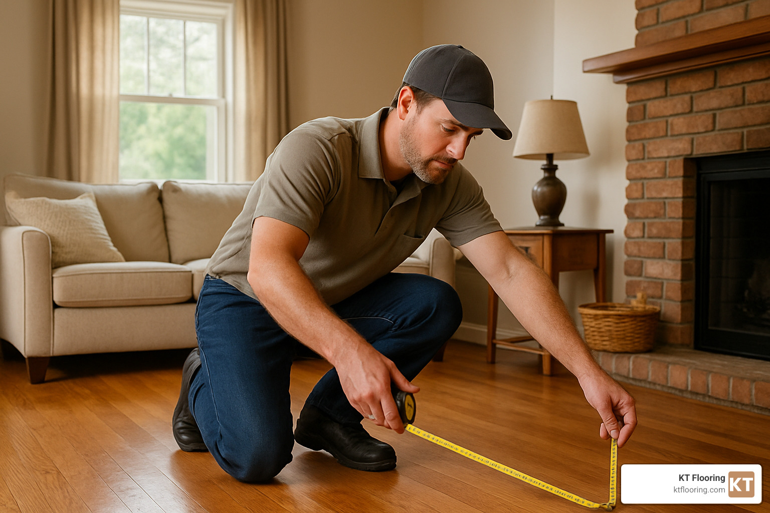local flooring expert measuring a customer's living room - flooring companies in nh