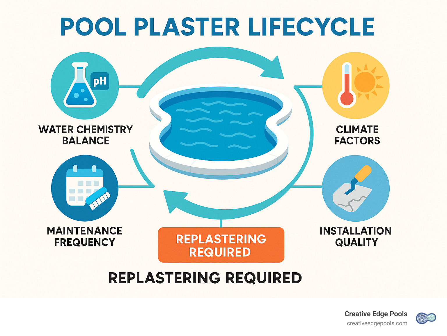 Infographic showing pool plaster lifecycle with factors affecting longevity including water chemistry balance, maintenance frequency, climate factors, installation quality, and signs of deterioration requiring replastering - how long does pool plaster last infographic