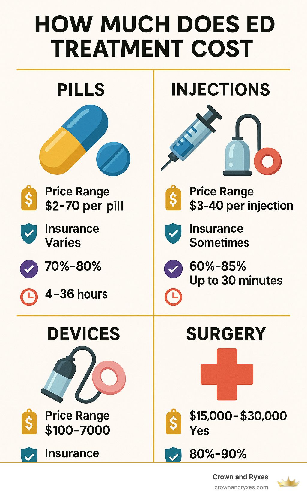 Detailed comparison of ED treatment costs showing pills, injections, devices and surgical options with their respective price ranges, insurance coverage, effectiveness rates, and duration of effects - how much does ed treatment cost infographic 