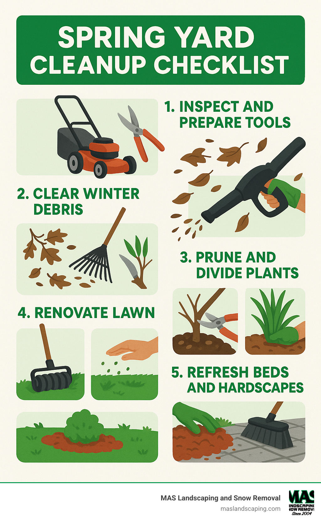 A comprehensive spring yard cleanup workflow showing 5 steps: 1) Tool inspection and preparation with images of mowers and pruners, 2) Winter debris removal showing raking and leaf blowing, 3) Plant pruning and division with examples of proper cutting techniques, 4) Lawn renovation with aeration and seeding illustrations, and 5) Bed and hardscape refreshment showing mulching and patio cleaning - spring yard cleanup checklist infographic 