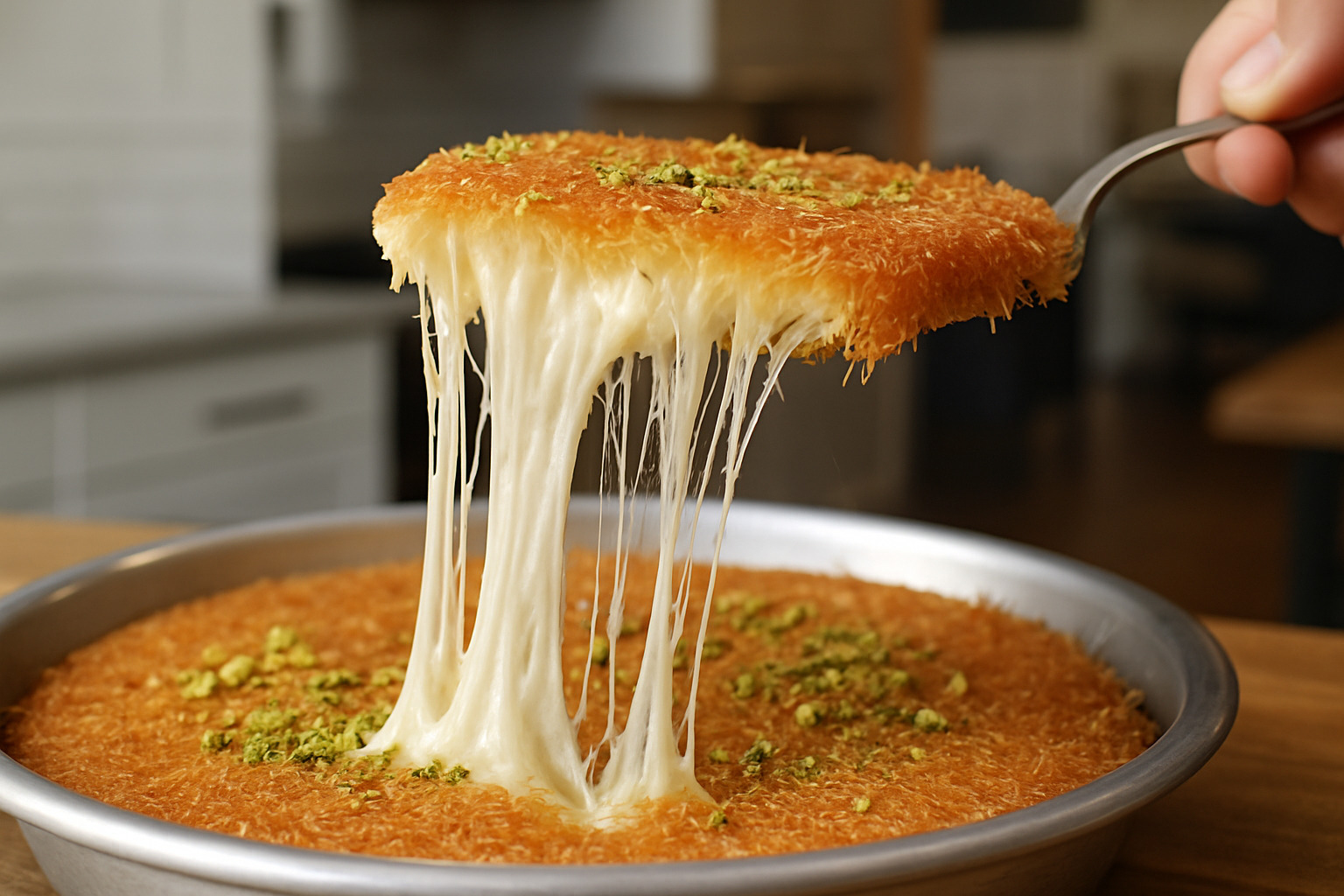 knafeh cheese pull - Middle Eastern food