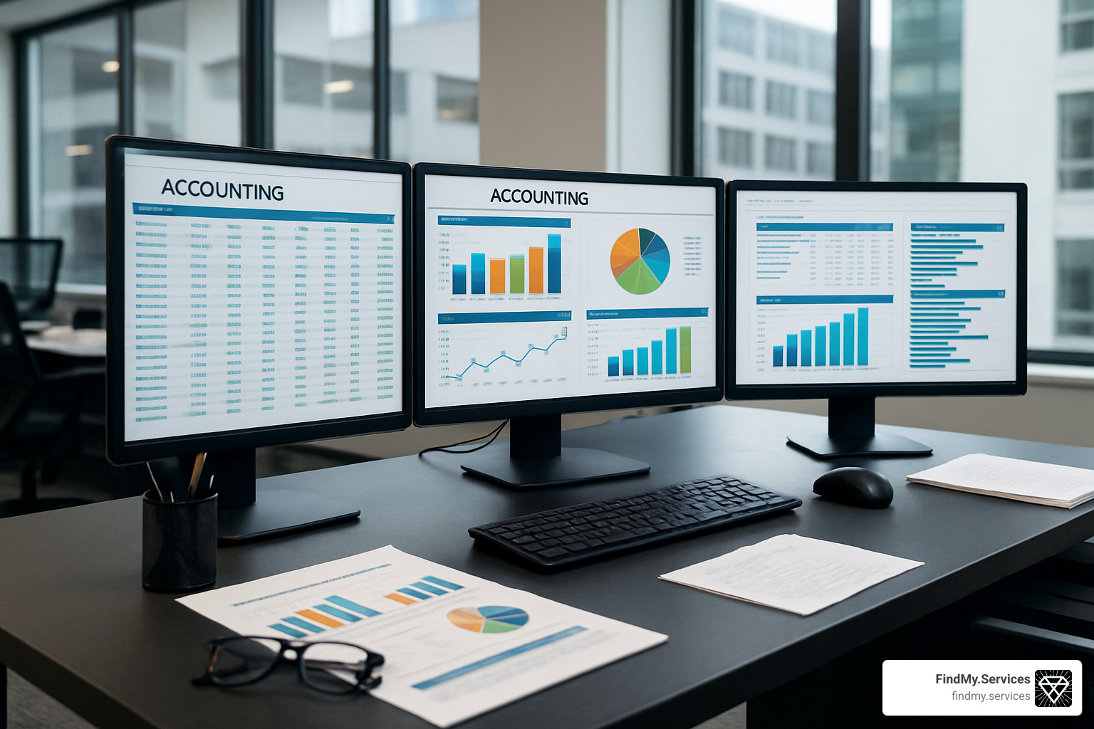 desktop accounting workstation with multiple monitors showing financial reports - accounting software solutions for small business