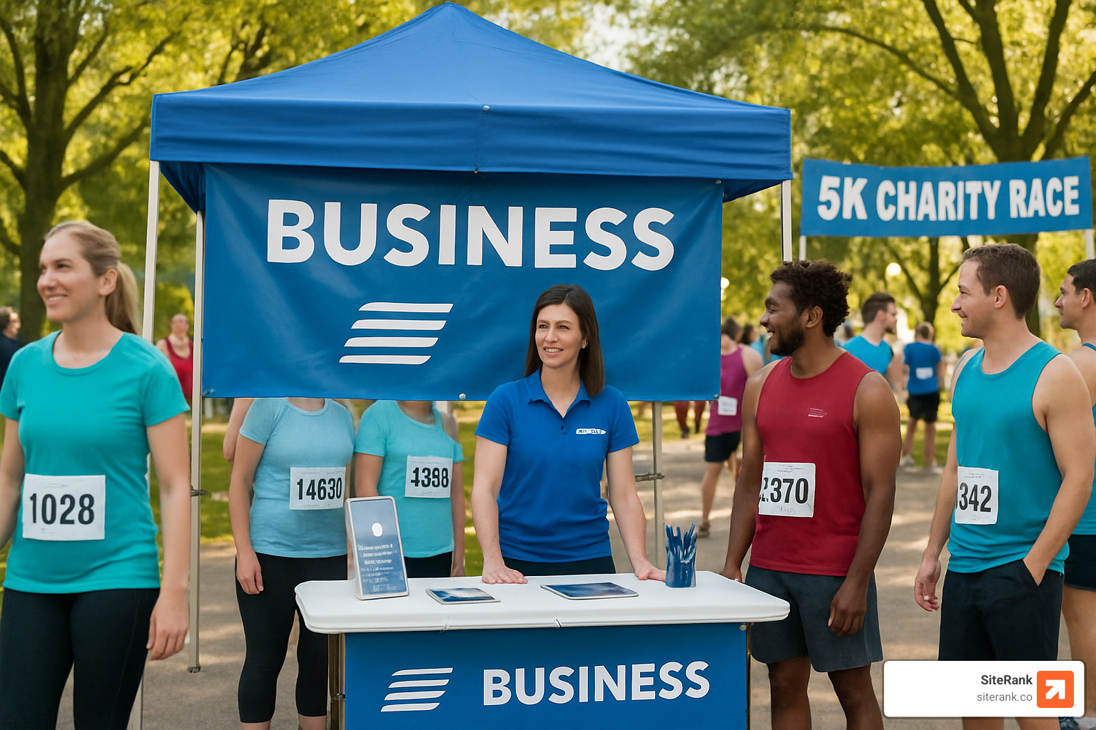 Business booth with branded banner at a local 5K charity race - local link building strategies Business booth with branded banner at a local 5K charity race - local link building strategies