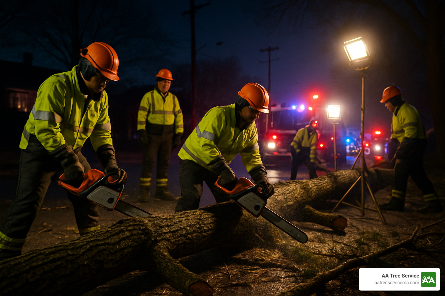 tree emergency crew responding at night - 24 7 tree care