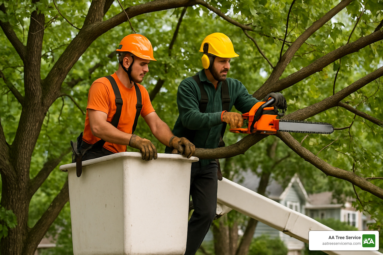 helmeted climbers in bucket - 24 7 tree care