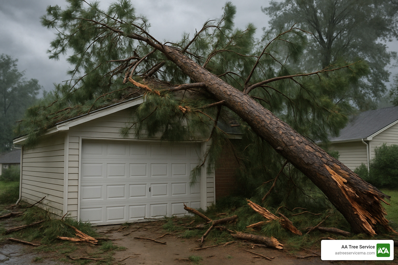 storm-damaged pine over garage - 24 7 tree care
