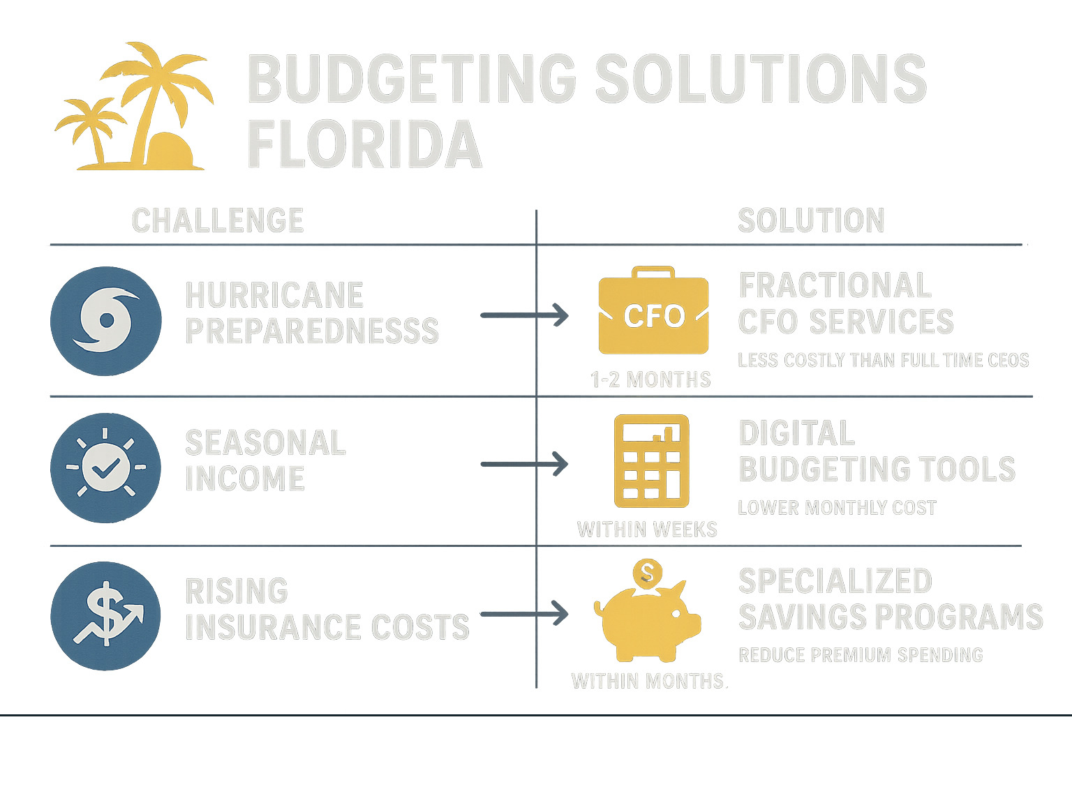 Infographic showing Florida's unique budgeting challenges (hurricane preparedness, seasonal income, rising insurance costs) matched with appropriate solutions (fractional CFO services, digital budgeting tools, specialized savings programs) with cost comparisons and implementation timelines - budgeting solutions Florida infographic 