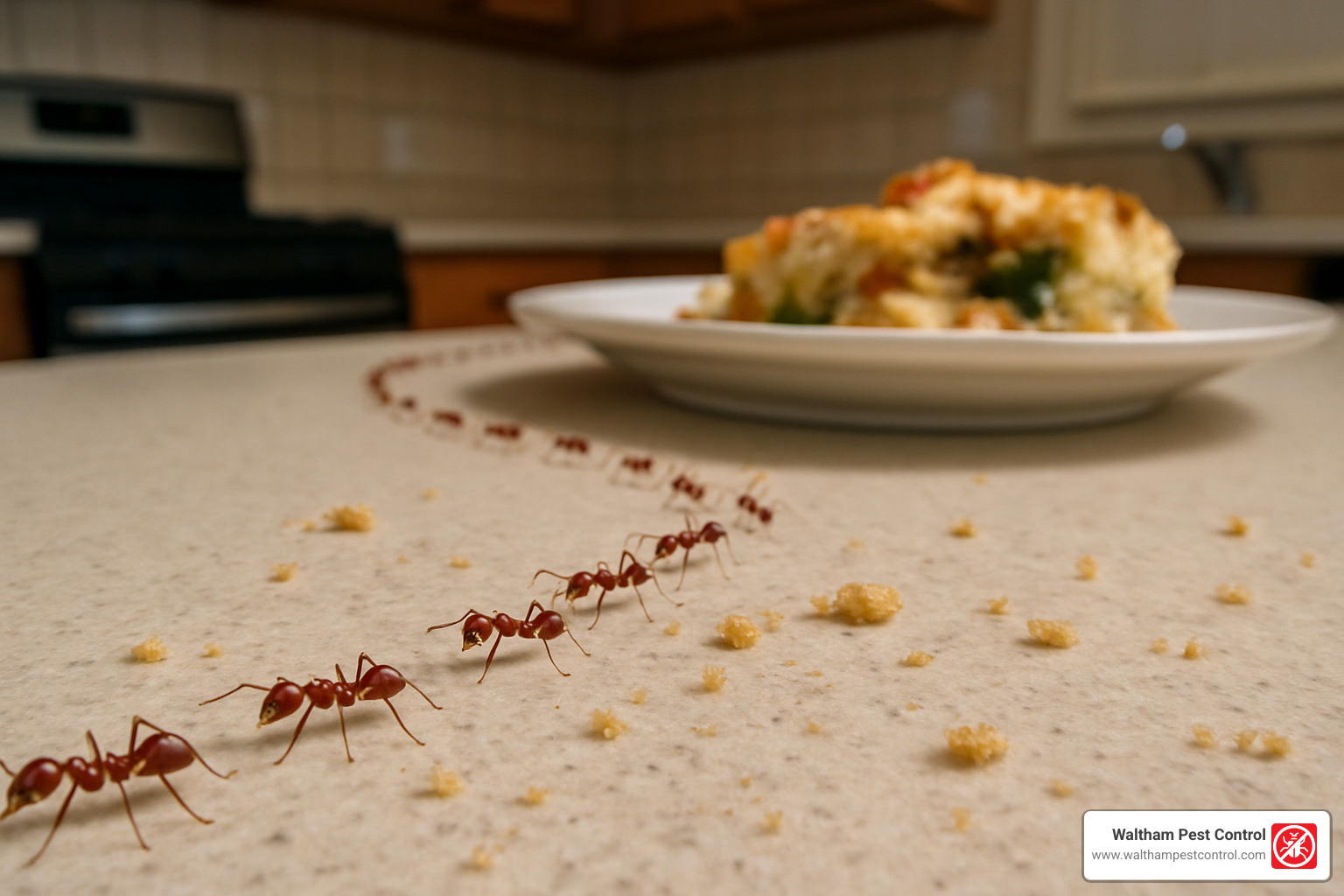 ant trail leading to food source in kitchen - big red ants in house