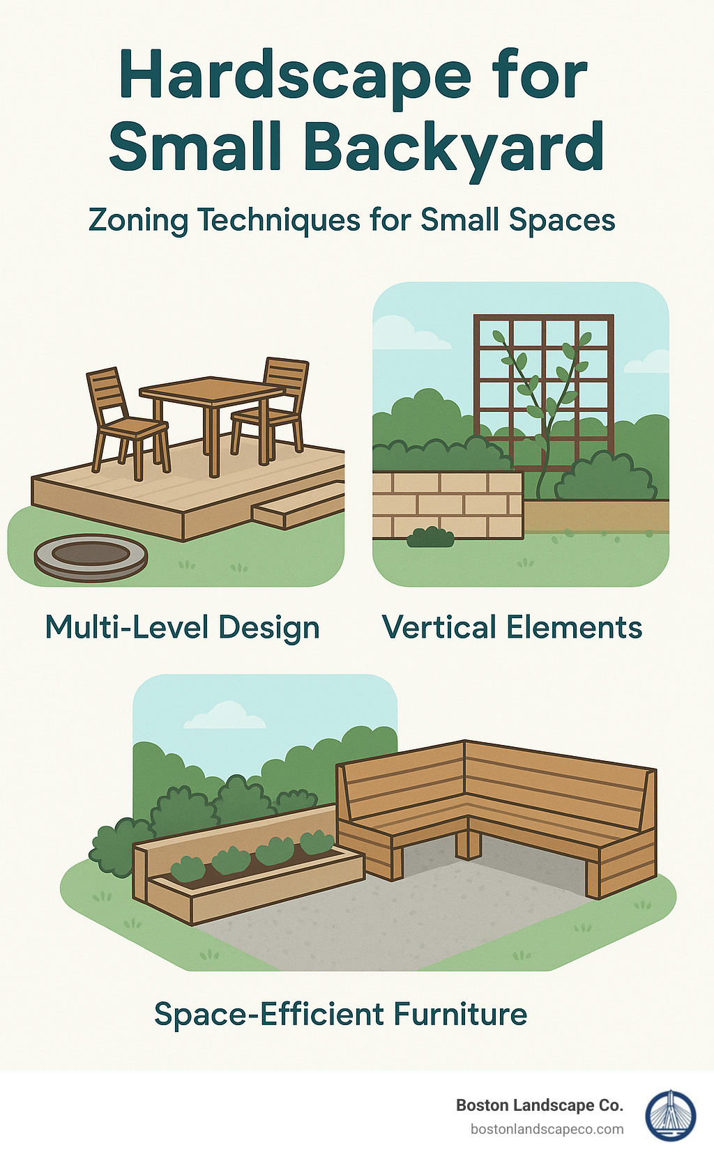 Diagram showing hardscape zoning techniques for small backyards including multi-level design, vertical elements, and space-efficient furniture placement - hardscape for small backyard infographic 