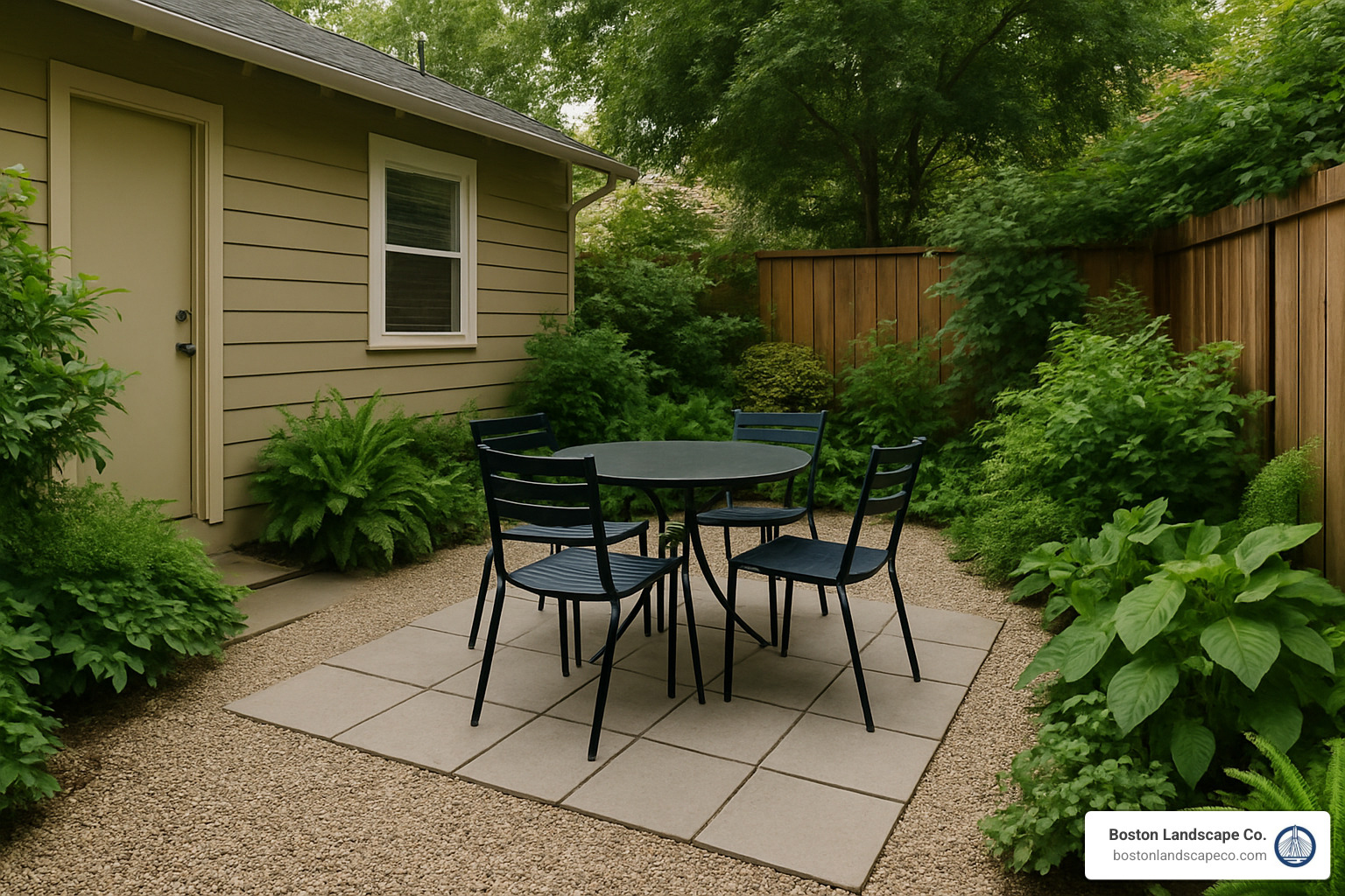 small backyard patio with gravel and pavers - hardscape for small backyard
