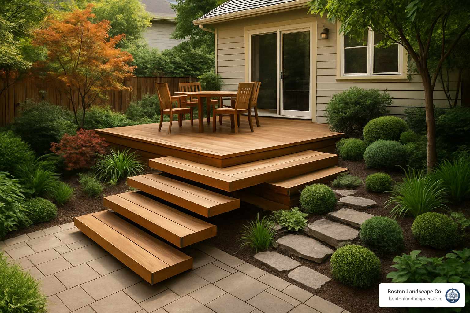 multi-level deck with floating steps - hardscape for small backyard