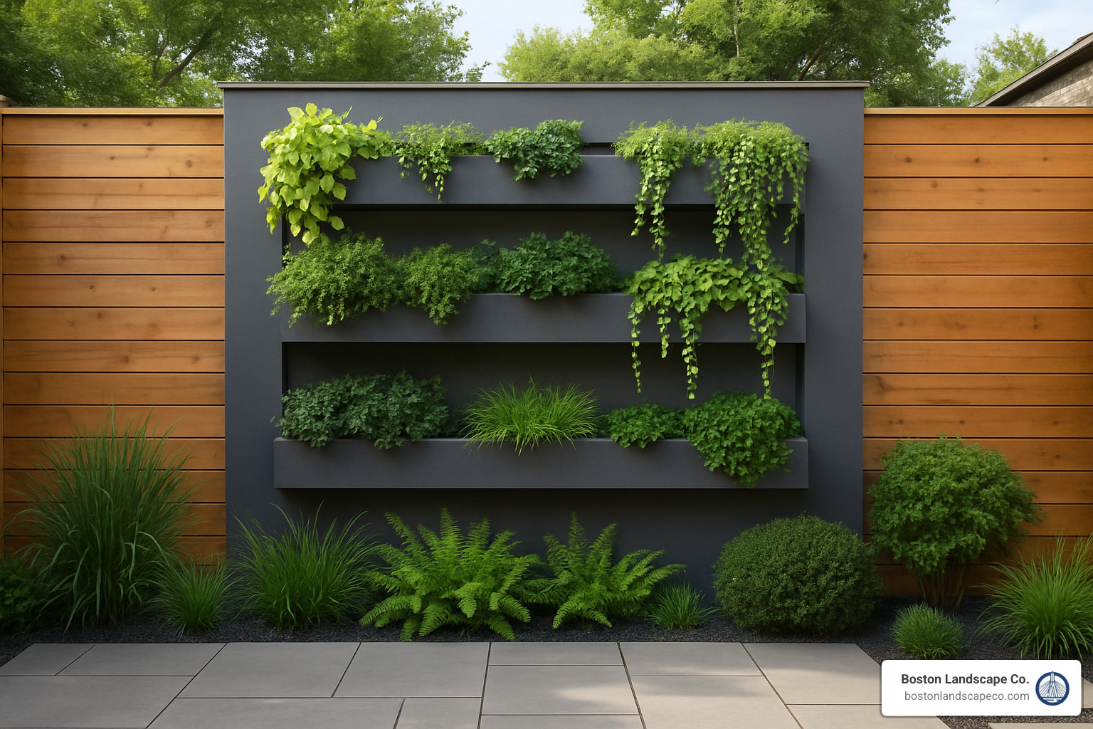 vertical garden wall with built-in planters - hardscape for small backyard
