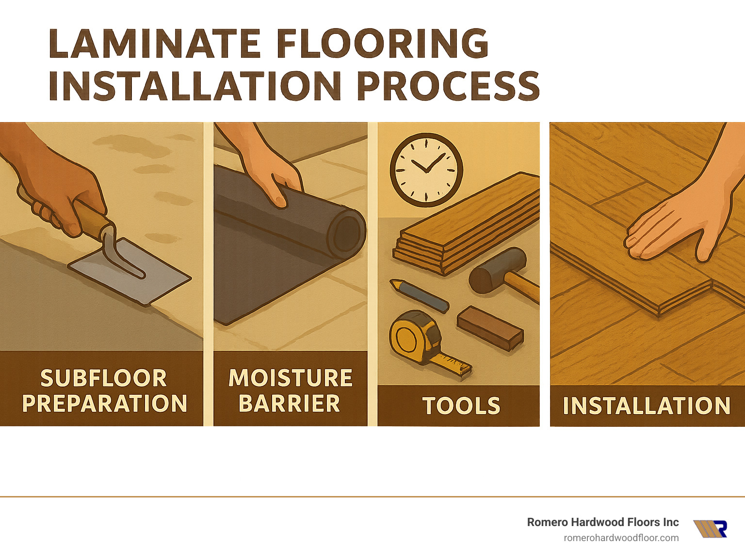 Detailed infographic showing the laminate flooring installation process including subfloor preparation, moisture barrier installation, acclimation period, proper tool usage, and final installation techniques - Laminate flooring installation specialists infographic 