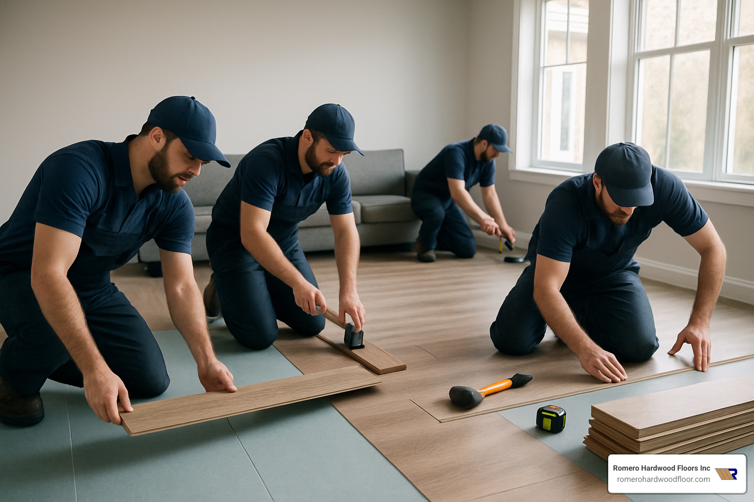 professional laminate flooring installation team working in a living room - Laminate flooring installation specialists