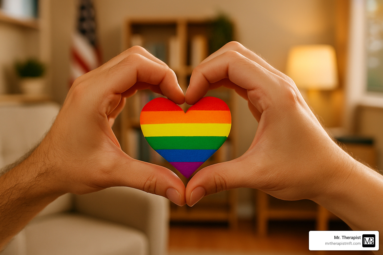 rainbow heart hands symbolizing LGBTQ+ affirming therapy - Emotion-Focused Therapy workshops