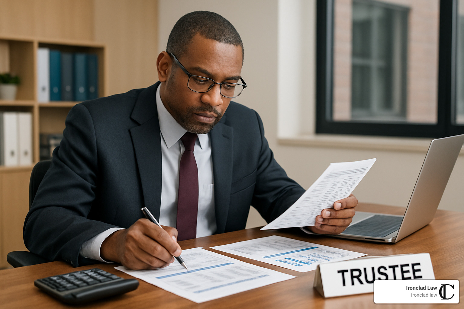 Trustee reviewing documents and financial statements - special needs trust lawyer