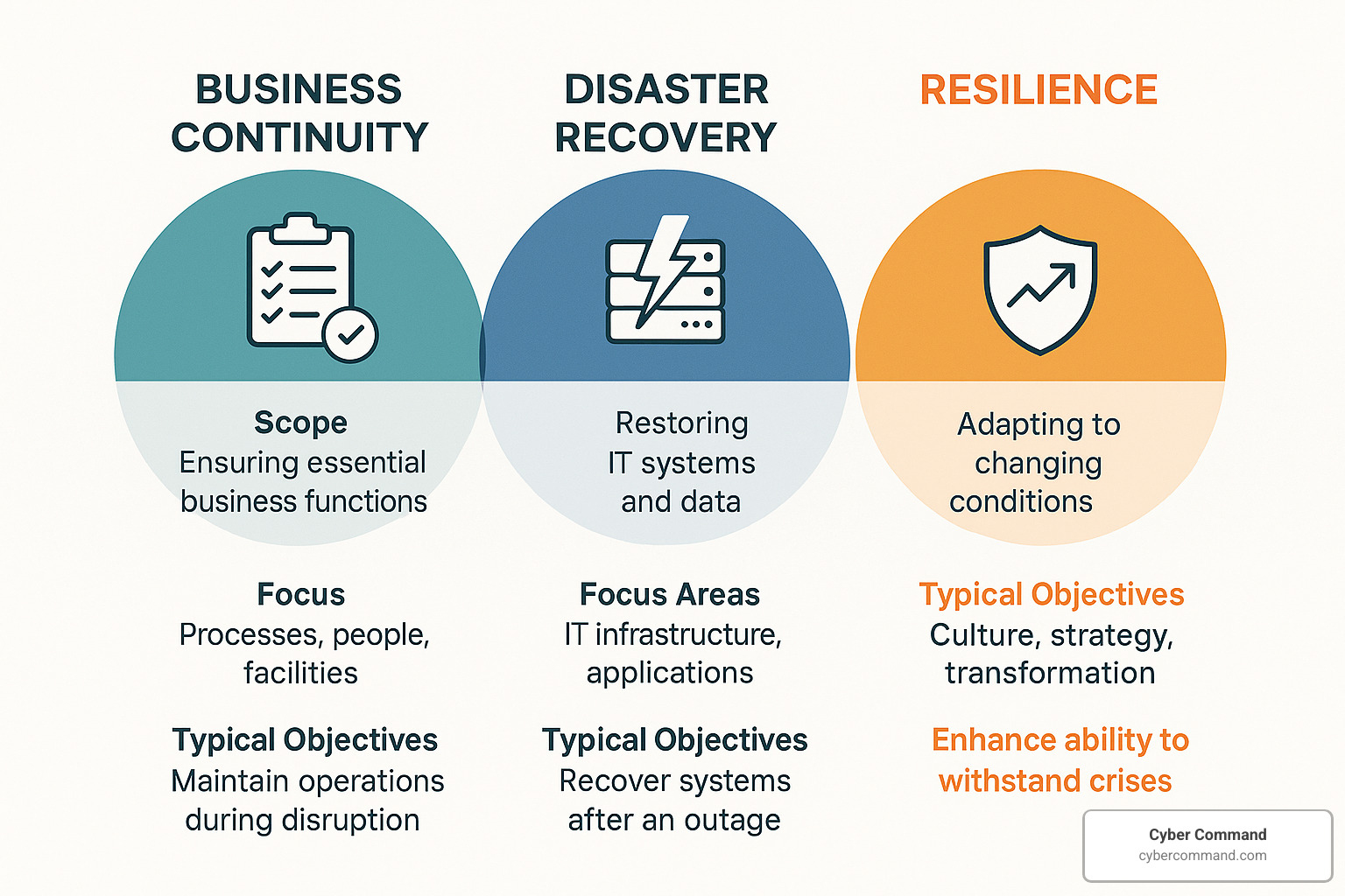 Comparison of business continuity, disaster recovery, and resilience showing their scope, focus areas, and typical objectives - business continuity arrangements