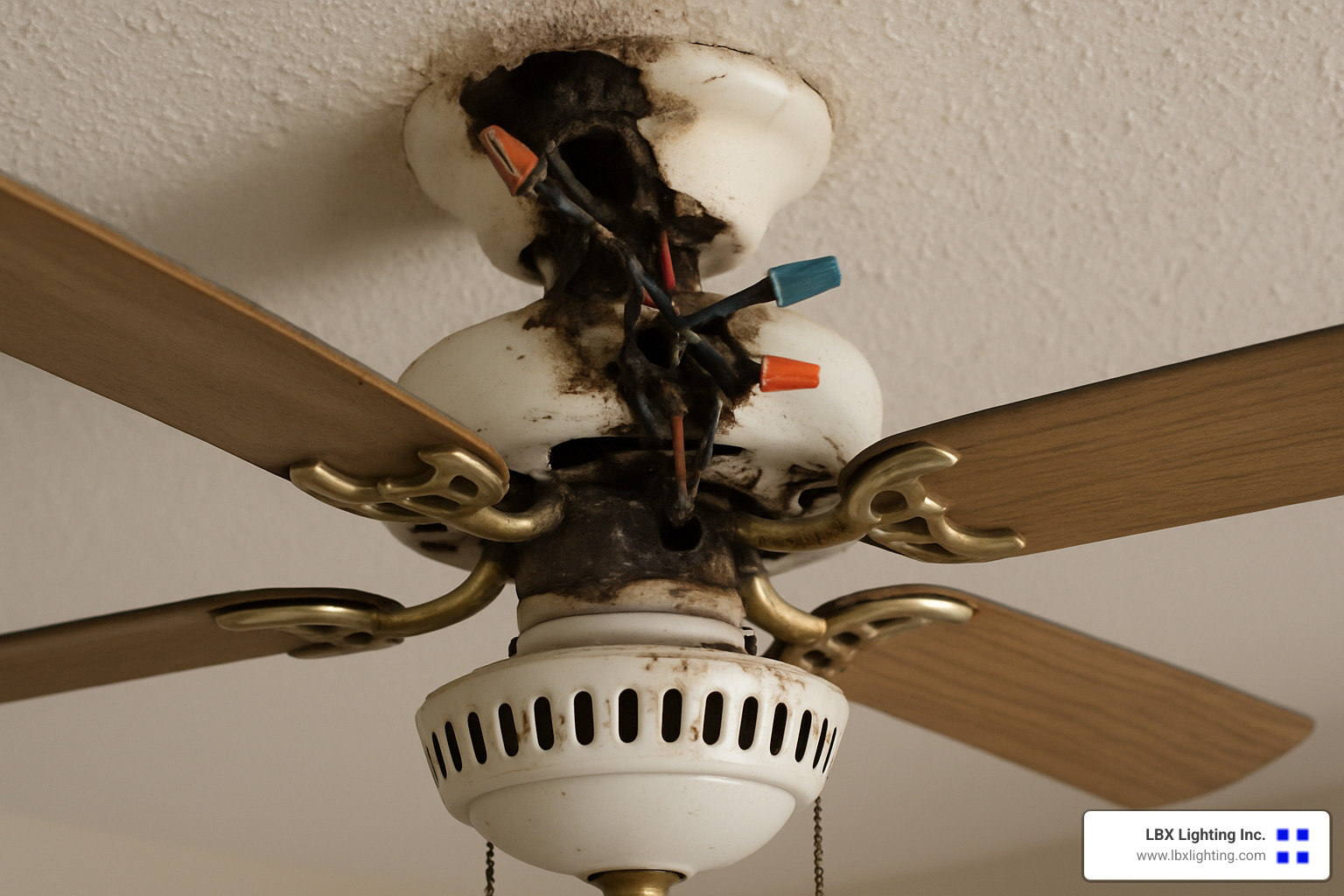 unsafe ceiling fan with visible wiring and damage - houston ceiling fan repair
