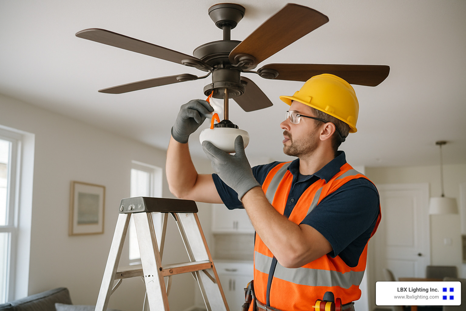 professional electrician repairing ceiling fan - houston ceiling fan repair