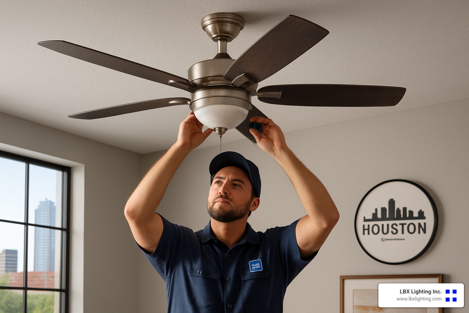 ENERGY STAR ceiling fan being installed in a Houston home - houston ceiling fan repair