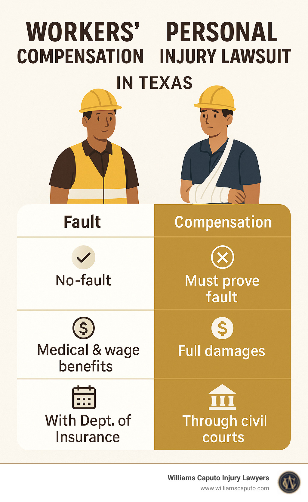 Comparison chart showing workers' compensation benefits versus personal injury lawsuit recovery options in Texas, highlighting the differences in compensation types, fault requirements, and timeline - Austin construction injury lawyer infographic